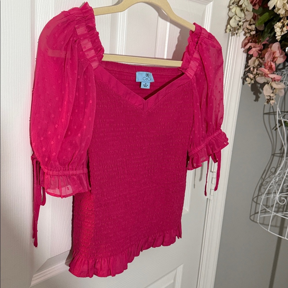 CECE Fuchsia Smocked Blouse with sheer Puff Sleeves, M - Picture 3 of 5
